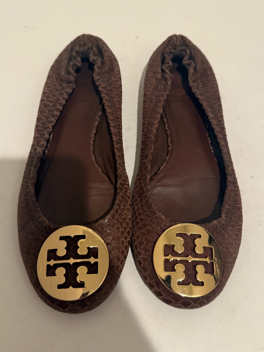 Tory Burch Reva Chestnut Brown Textured Snakeskin-print Leather Ballet Flats 6.5